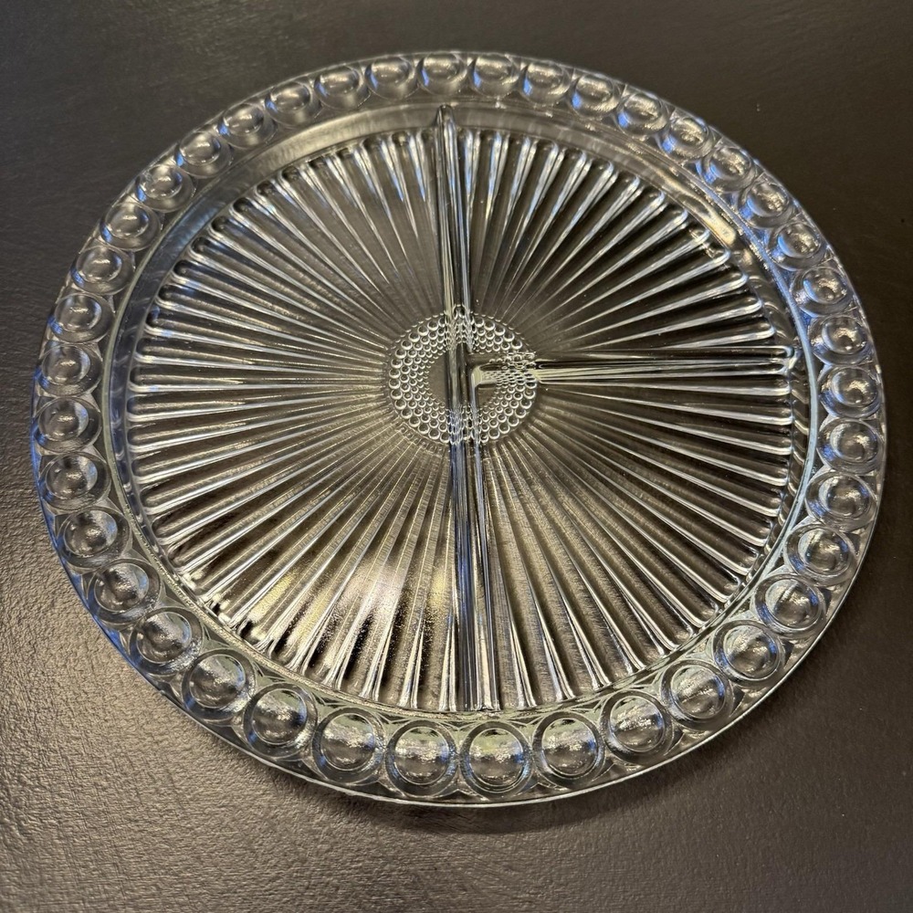 Vintage INDIANA GLASS Clear 3-part Divided Dish Heavy 11" Across Party‎ Tray